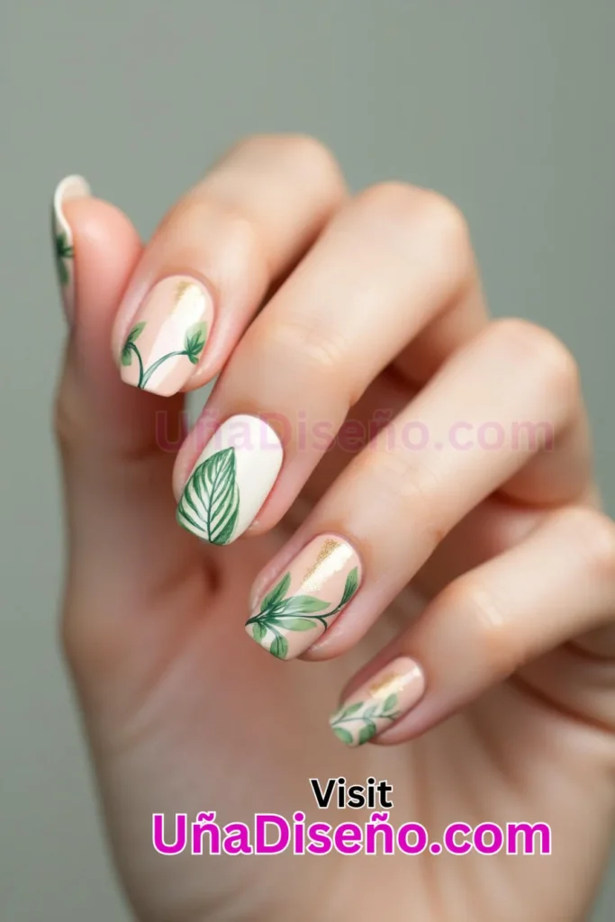 3 nail art minimalista con estampado de hojas verdes 7.jpeg